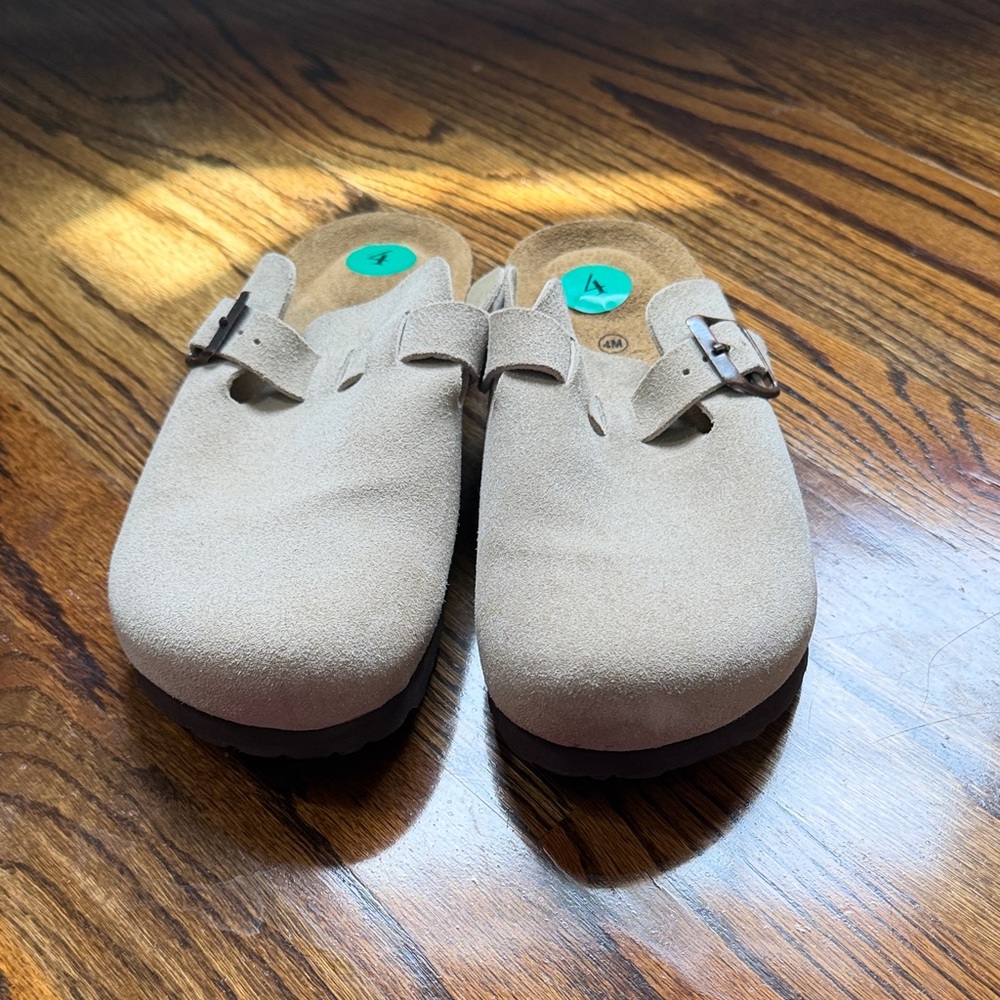 Suede Slip-On Clog Mules in Beige